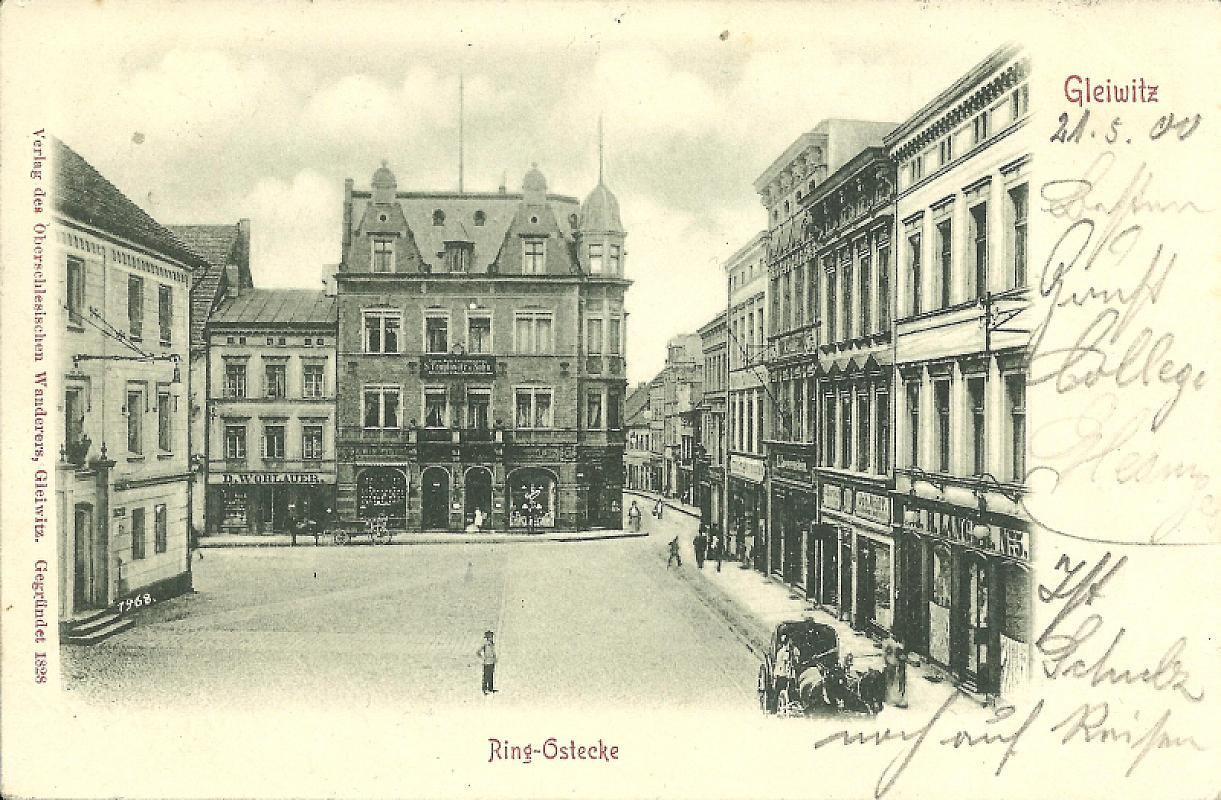 Gleiwitz, 1900, Die Ansichtskarte (um 1900) zeigt die großelterliche Weinhandlung der Familie von Oscar Troplowitz (1863-1918), den Erfinder der NIVEA-Creme, gemeinfrei