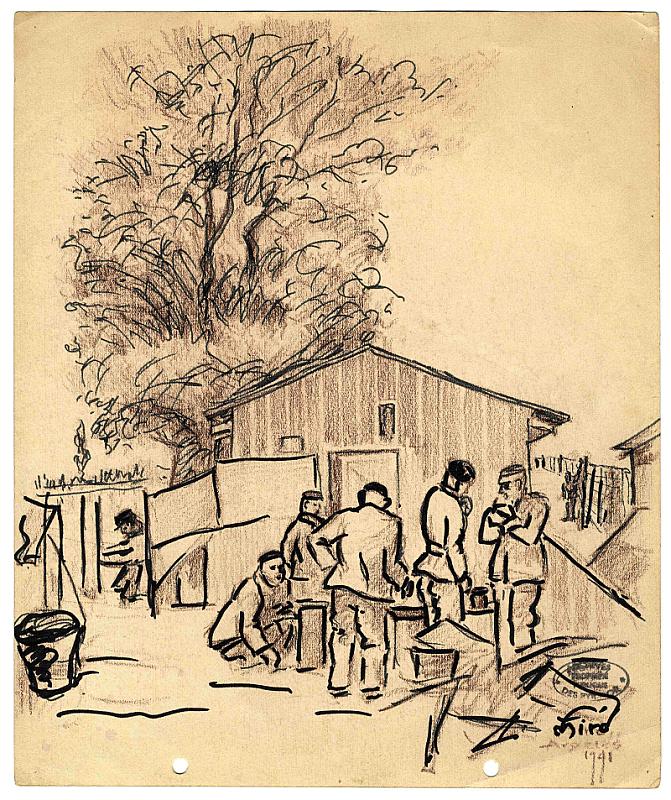 Argelès-sur-Mer, 1941, Flüchtlinge vor einer Baracke im Internierungslager Argelès-sur-Mer, Archives départementales des Pyrénées-Orientales, fonds Miro, 31FI/26