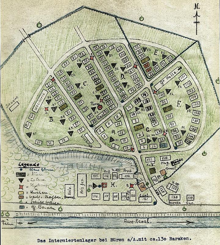 Büren an der Aare, 1940, Handskizze des »Concentrationslagers« Büren an der Aare aus dem Tagebuch von Oberleutnant Eduard Lombard, Privatarchiv Jürg Stadelmann